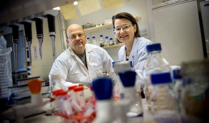Two researchers wearing white lab coats in a laboratory.