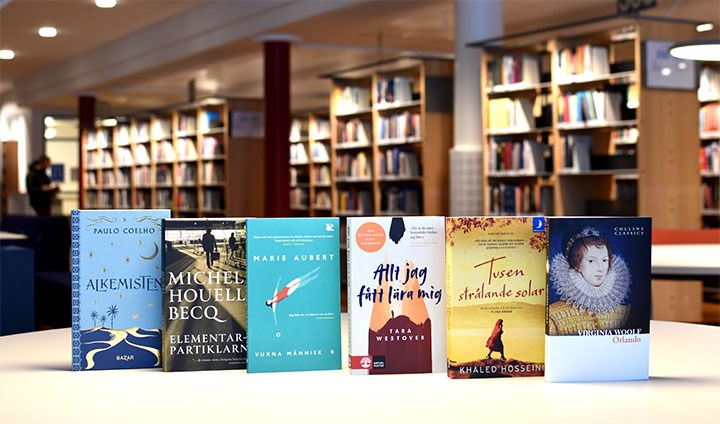 Sex böcker står uppställda på ett bord. I bakgrunden syns bibliotekets bokhyllor.