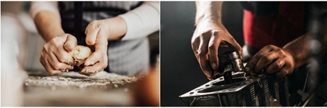 Två olika bilder på  händer som utför något praktiskt.