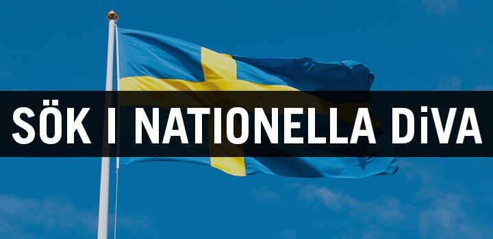 Foto på en svensk flagga i bakgrunden med texten "Sök i nationella DiVA".