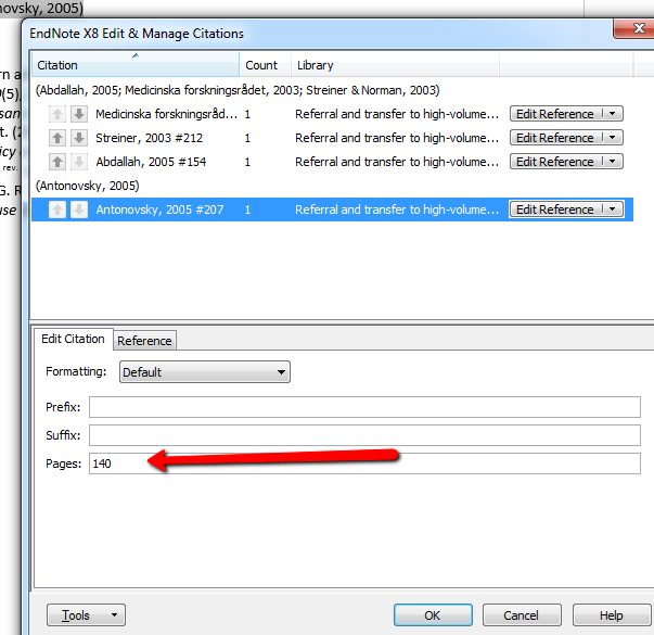 Skärmklipp från Edit & manage Citation(s) i EndNote med en pil mot fältet "Pages"