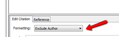 Skärmklipp från EndNote som visar fältet för "Formatting" där valet "Exclude Author" är ifyllt.
