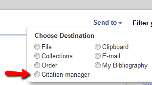 Skärmutklipp som visar direktexportvarianten Send to Citation manager