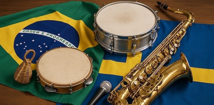 Olika instrument på en svensk och brasiliansk flagga