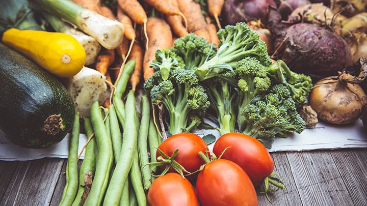  Various vegetables on a table. 