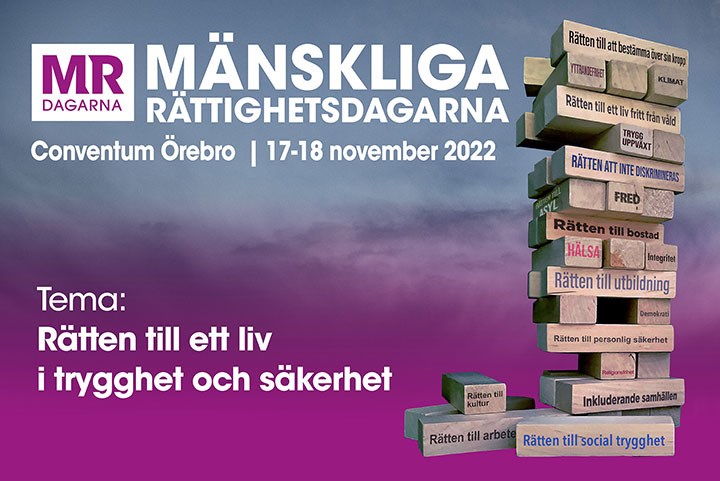 Byggklossar staplade på varandra och texten Mänskliga rättighetsdagarna Conventum Örebro 17-18 november.