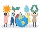 Illustration of children holding eco symbols and hugging planet Earth.