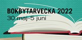En illustration av en uppslagen bok samt texten "Bokbytarvecka 2022 30 maj-5 juni".