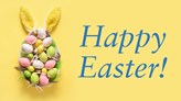 "Happy Easter!" written i blue text on a yellow background together with a candy filled egg.