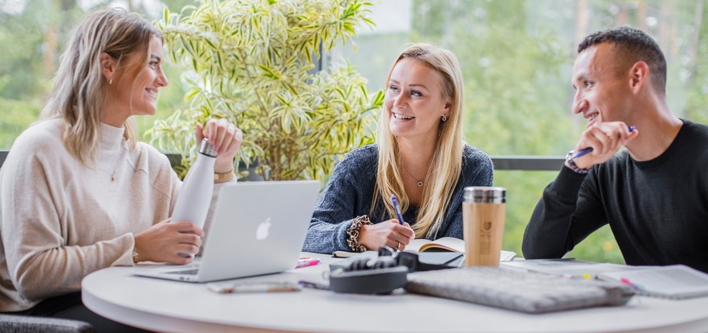 Bild på tre studenter och en laptop