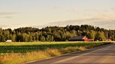 Bild på en landsväg i solnedgång med åker och ett rött hus.