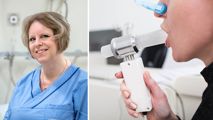 Josefin Sundh, överläkare vid USÖ och en bild på person som andas i en spirometer