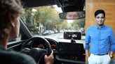 Photomontage: a man driving a car and Ravi Teja Chadalavada standing on the right.