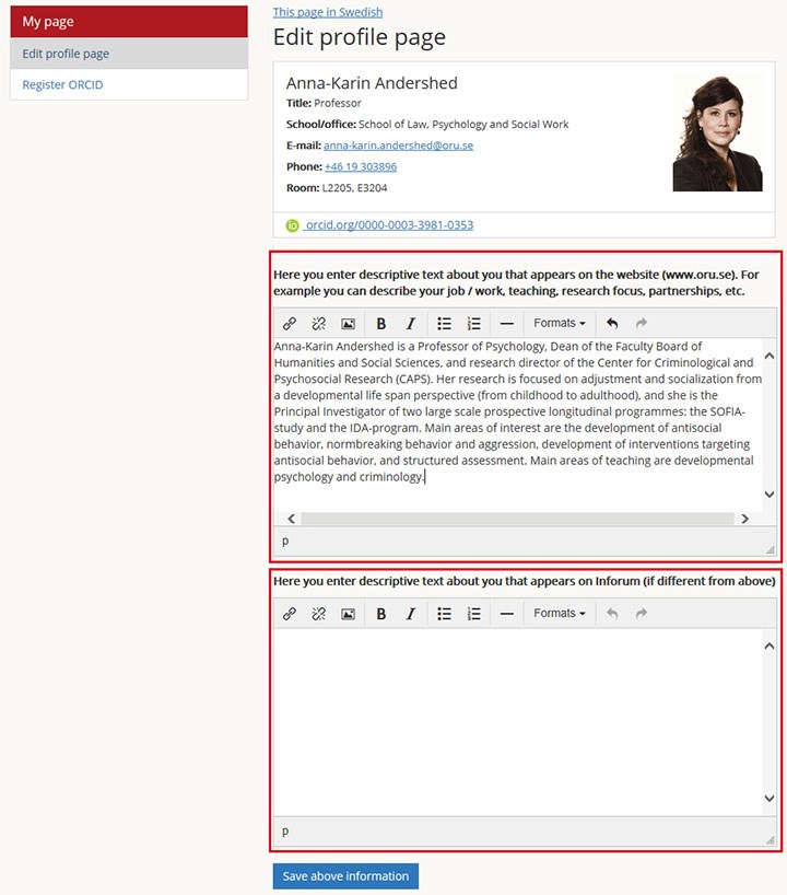 Screenshot displaying editors for the profile page.