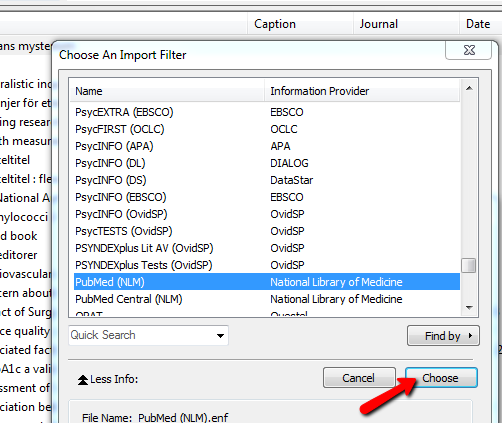 Skärmutklipp som visar var du ska klicka för att välja PubMed:s Import filter