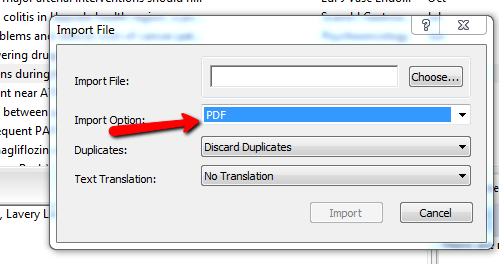 Skärmklipp från EndNote med dialogrutan för "Import file" med en röd pil som pekar på valet "PDF" under "Import Option".