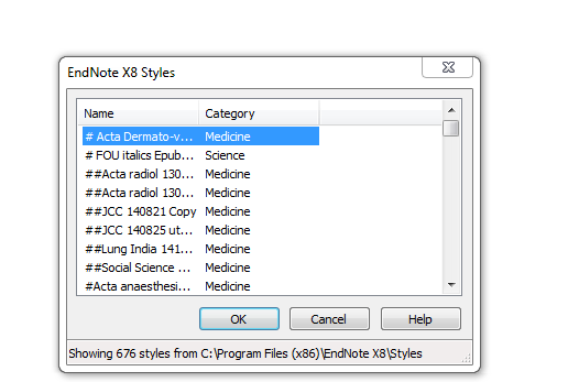 Skärmutklipp med dialogrutan för "EndNote X8 Styles"