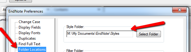 Skärmutklipp från EndNote med dialogrutan för "EndNote Preferences öppen och "Folder Locations" vald samt adressen till "Style Folder" synlig.