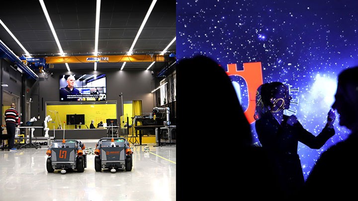 Collage: robots in Robotlab on the left, and a person speaking in Visual Lab on the right.