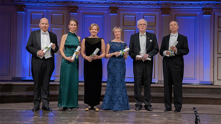 Årets stipendiater och pristagare inom musikpedagogik och musikforskning, från vänster: Mikko Iskanius, Agneta Andersson, Katarina Lindblad, Annika Danielsson, Erik Kjellberg och Ove Lundin. 