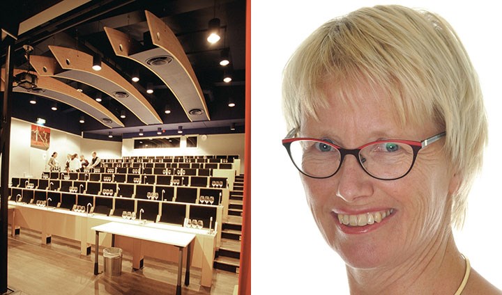 Two pictures in one. The first picture is an empty lecture hall; the second is a portrait of a smiling Annika Göran Rodell.