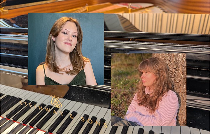 Två bilder på medverkande studenter och ett piano