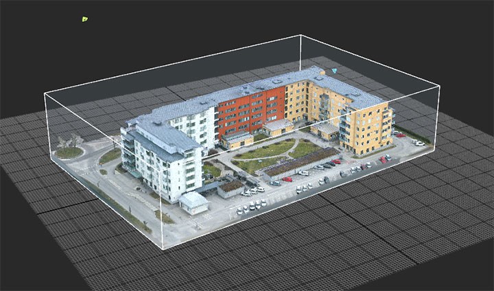 Kvarteret runt Hälsans Hus på Ängen i Örebro i en digital 3D-modell.