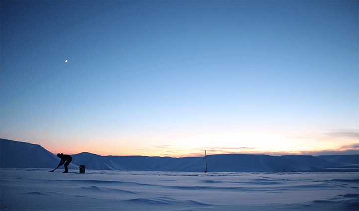 A student is collecting a sample in beautiful evening light in the Arctic landscape with a lot of snow.. 