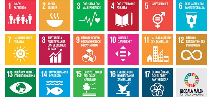 De sjutton globala målen enligt Agenda 2030.   1 Ingen fattigdom, 2 ingen hunger, 3 god hälsa och välmående, 4 god utbildning för alla, 5 jämställdhet, 6 rent vatten och sanitet för alla, 7 hållbar energi för alla, 8 anständiga arbetsvillkor och ekonomisk tillväxt, 9 hållbar industri, innovationer och infrastruktur, 10 minskad ojämlikhet, 11 hållbara städer och samhällen, 12 hållbar konsumtion och produktion, 13 bekämpa klimatförändringarna, 14 hav och marina resurser, 15 ekosystem och biologisk mångfald, 16 fredliga och inkluderande samhällen och 17 genomförande och globalt partnerskap. 