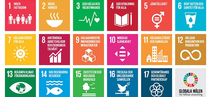 De sjutton globala målen enligt Agenda 2030. 1 Ingen fattigdom, 2 ingen hunger, 3 god hälsa och välmående, 4 god utbildning för alla, 5 jämställdhet, 6 rent vatten och sanitet för alla, 7 hållbar energi för alla, 8 anständiga arbetsvillkor och ekonomisk tillväxt, 9 hållbar industri, innovationer och infrastruktur, 10 minskad ojämlikhet, 11 hållbara städer och samhällen, 12 hållbar konsumtion och produktion, 13 bekämpa klimatförändringarna, 14 hav och marina resurser, 15 ekosystem och biologisk mångfald, 16 fredliga och inkluderande samhällen och 17 genomförande och globalt partnerskap.