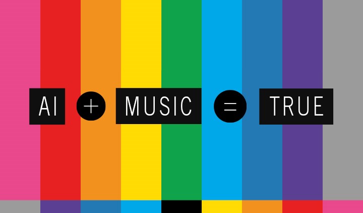 Texten "AI + music = true" med en regnbågsfärgad bakgrund.