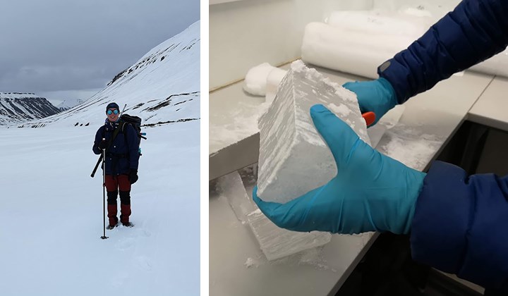 Två bilder bredvid varandra. På den ena syns Maria Björnsdotter i ett snöklätt landskap. På den andra håller två händer i gummihandskar i ett isblock.