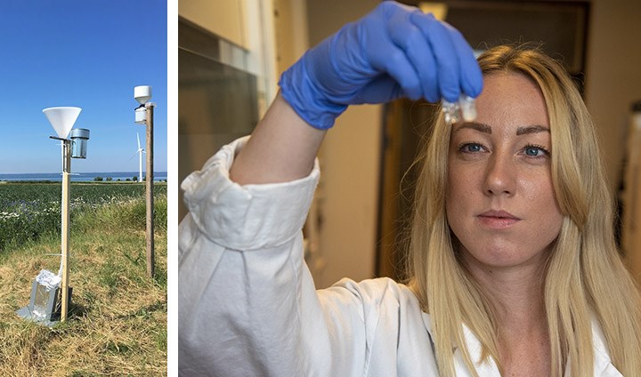 Två bilder bredvid varandra. På den ena: trattar och annan utrustning för att samla in regnvatten från en forskningsstation vid Vättern (som syns i bakgrunden). På den andra: Forskaren Maria Björnsdotter, i vit labbrock och blå gummihandskar, håller upp prover framför sina ögon.