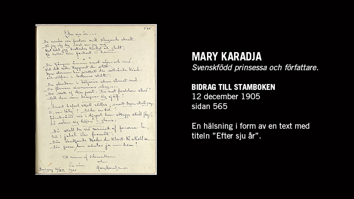 Foto på en sida med text ur stamboken samt texten "Mary Karadja. Svenskfödd prinsessa och författare."