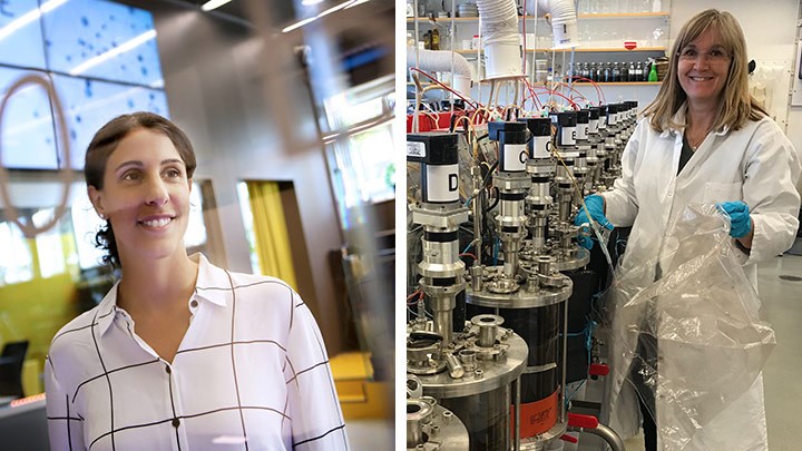 Amy Loutfi in Örebro’s robotics lab and Anna Schnürer in Uppsala’s biogas lab.