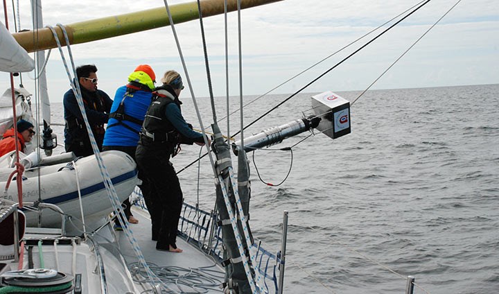 Researchers on a boat are lowering into the water a pump which has Örebro University printed on it.