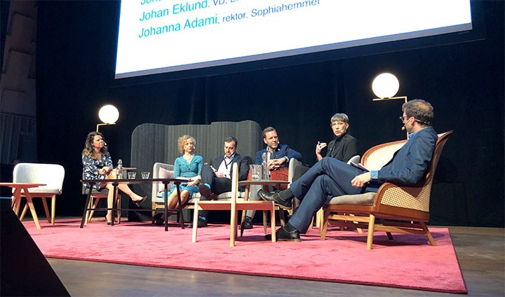 Anna Dyhre, moderator, Johanna Adami, rektor för Sophiahemmet, Johan Eklund, vd för Entreprenörskapsforum, Johan Dennelind, vd på Telia, Darja Isaksson, generaldirektör på Vinnova och Johannes Hylander, moderator