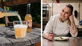 Ett montage av två bilder: Drycken Svedjebrus hälls upp i ett glas. Hilda Leijon i kockkläder.