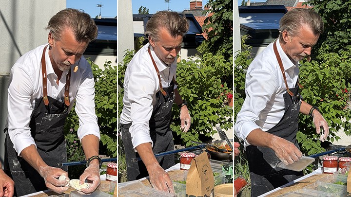 Collage med tre bilder där Paul Svensson lagar mat.