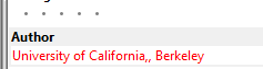 Skärmutklipp från EndNote där "University of California, Berkeley" är utskrivet med dubbla kommatecken.