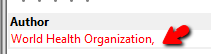 Skärmutklipp från EndNote där "World Health Organization" är utskrivet med ett kommatecken efteråt