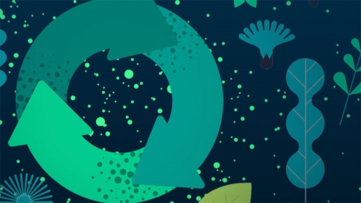 Illustration of a green circular arrow with abstract leaves and plants on a dark background