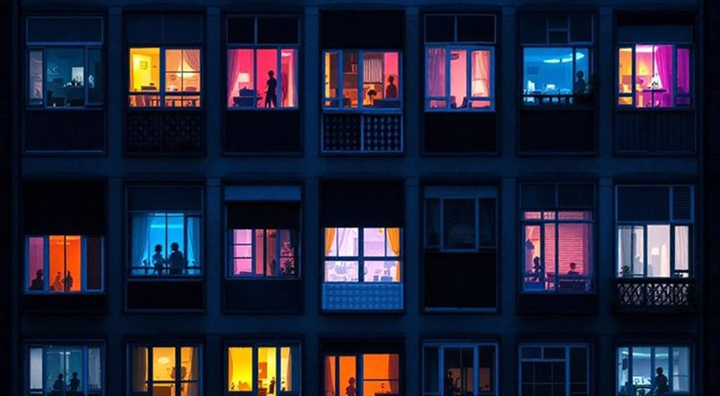 Bild med upplysta fönster