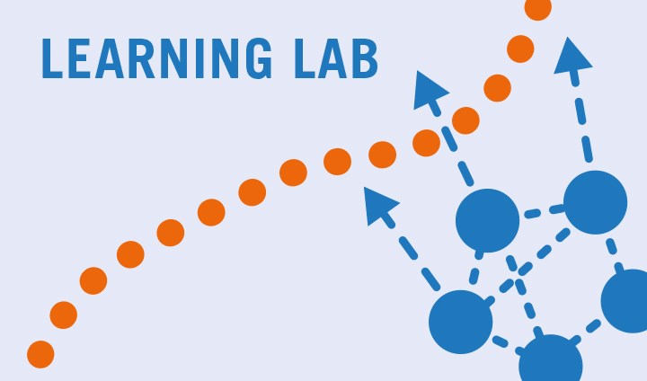 En illustration med texten Learning Lab och blå och orangea prickar