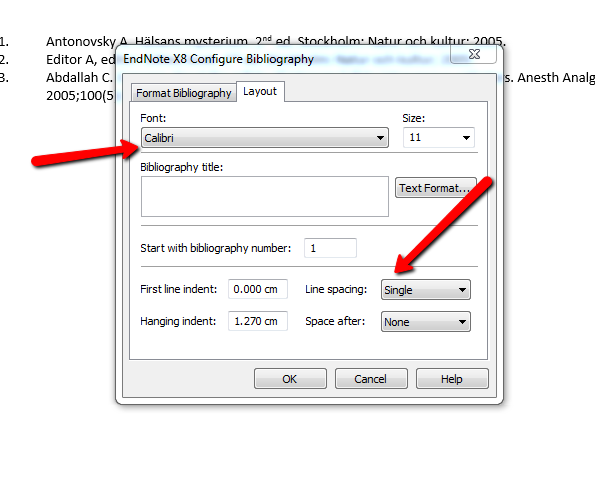 Skärmklipp från EndNote med menyn för inställningarna av refenslistan samt pilar till vale för typsnitt respektive radavstånd.