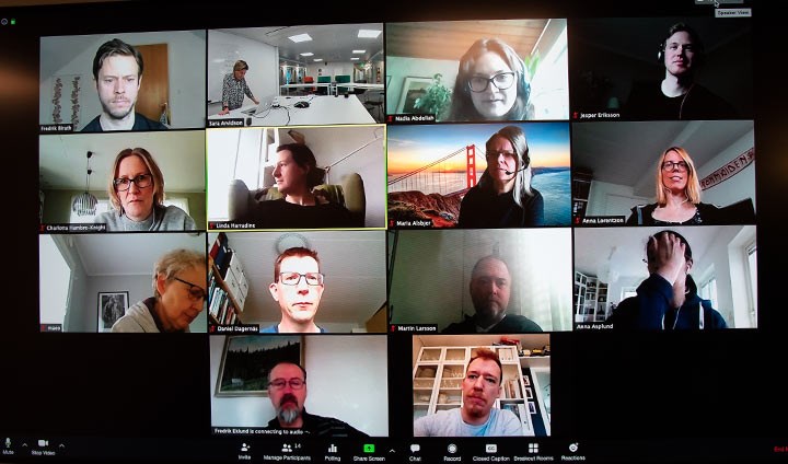 En bild på en skärm där många personer deltar i en videokonferens.