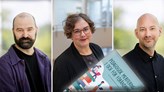 Bilden visar Eric Borgström, Kristin Ewins och Henric Bagerius. I bilden är antologin "Pedagogisk meritering i och för förändring" infälld. 