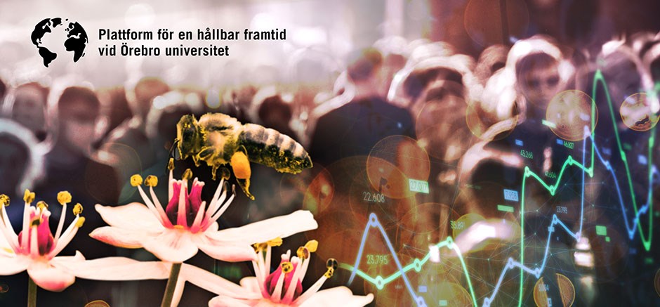 Ett bi vid en blomma med människor i bakgrunden och texten Plattform för en hållbar framtid vid Örebro universitet.