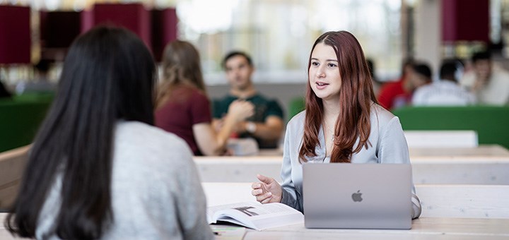 Två studenter vid en bärbar dator.