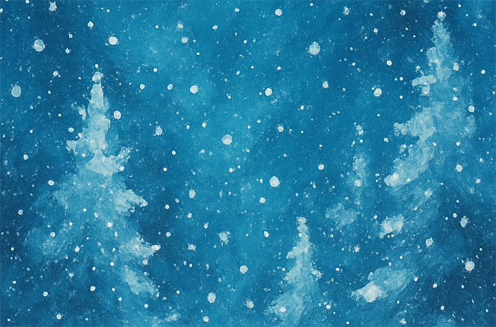 Tecknad bild med snö och granar